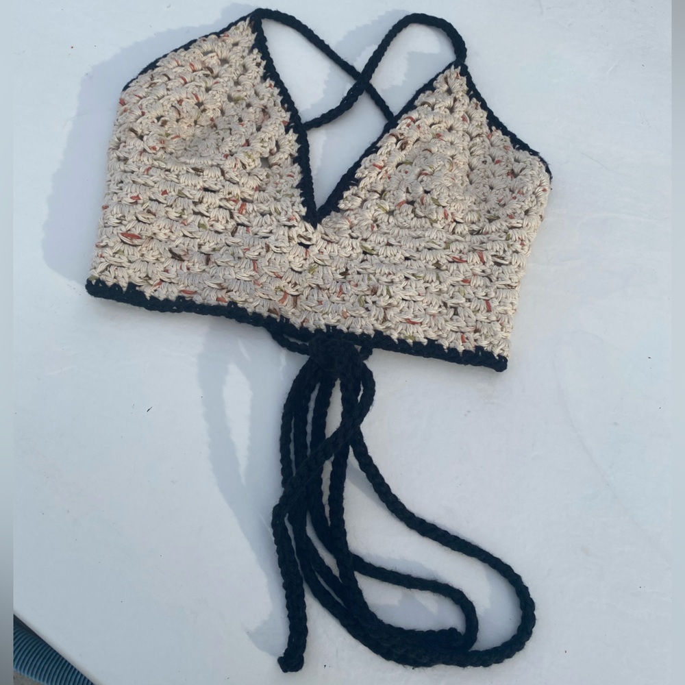 S Tan and Black Handmade Crochet Crop Top